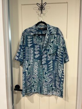 Casual Teal & White Printed Short-Sleeve Button-Down Shirt